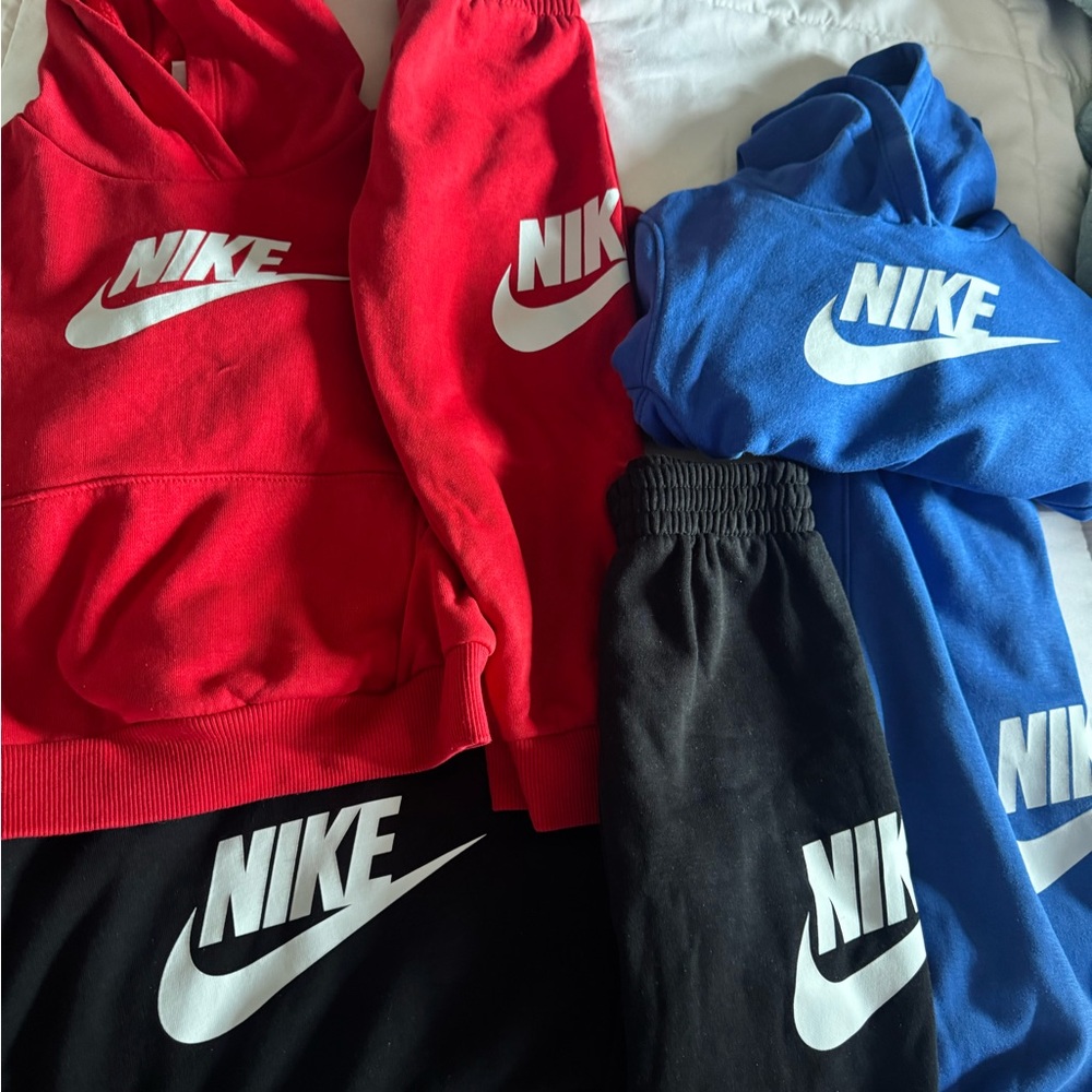 Three 3 Nike sweatsuits with pants and hoodie Red, Black, Royal Blue
